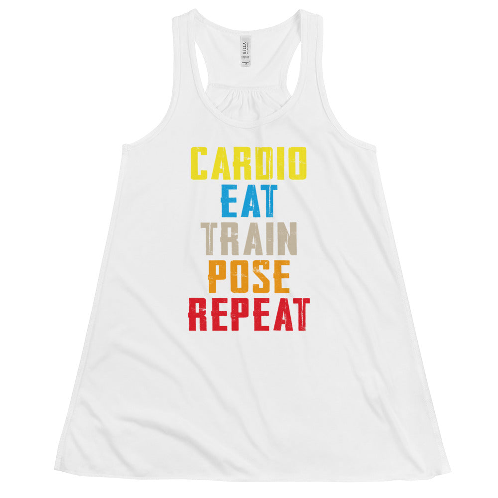 Ladies Flowy Racerback Tank Top - Cardio, Eat, Train, Pose