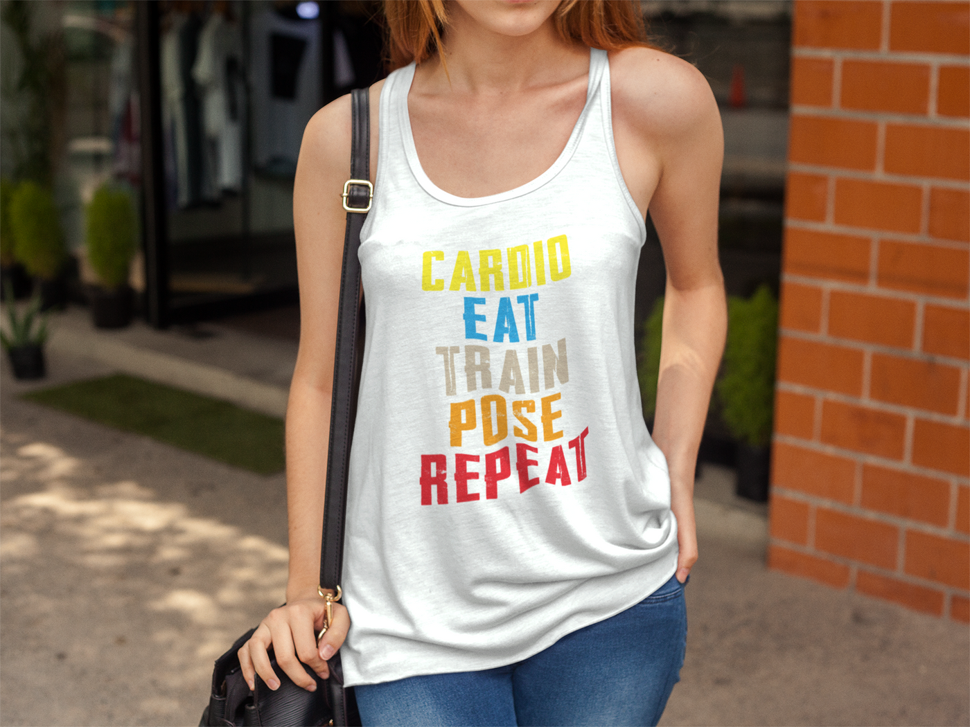 Ladies Flowy Racerback Tank Top - Cardio, Eat, Train, Pose